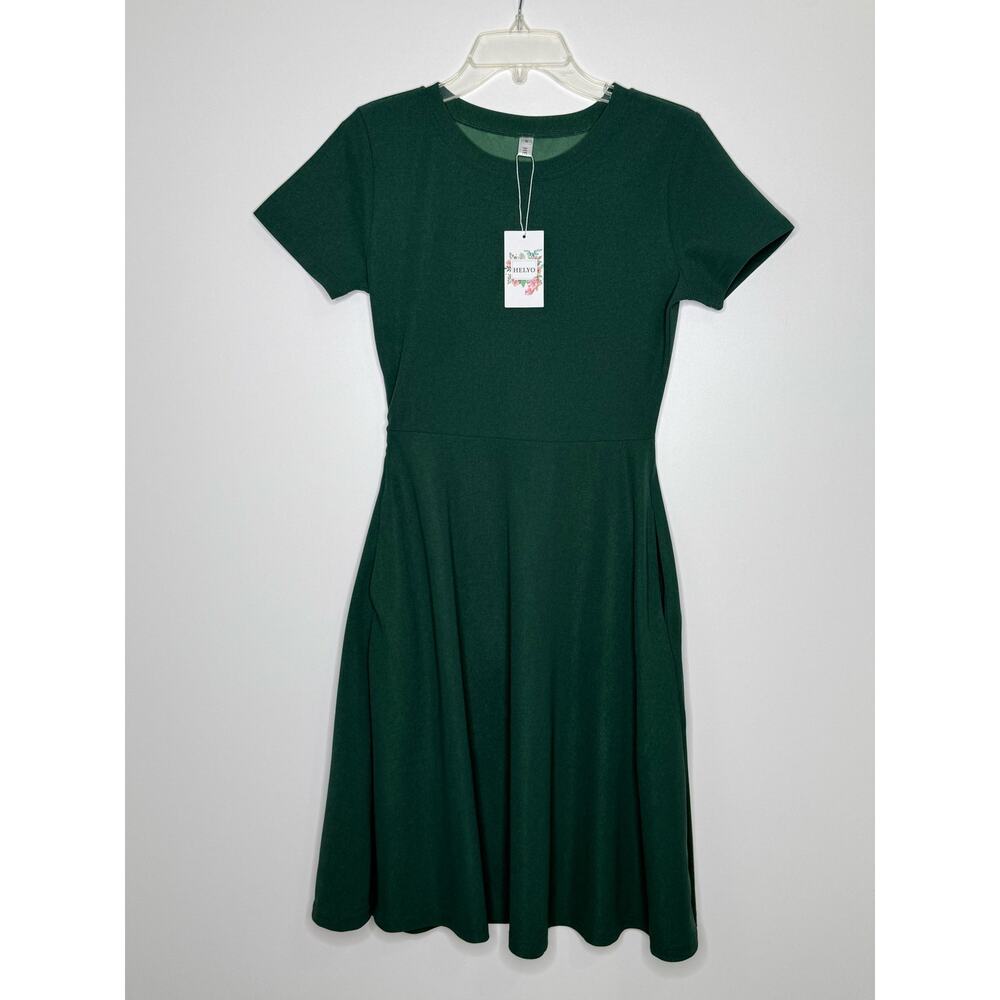 Green Tea Length NWT Short Sleeve A-Line Dress Round Neck Coquette Size Small